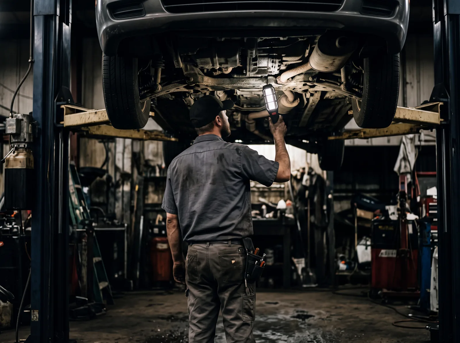 A mechanic standing under a car raised on a two-post lift, shining a work light on the underside.