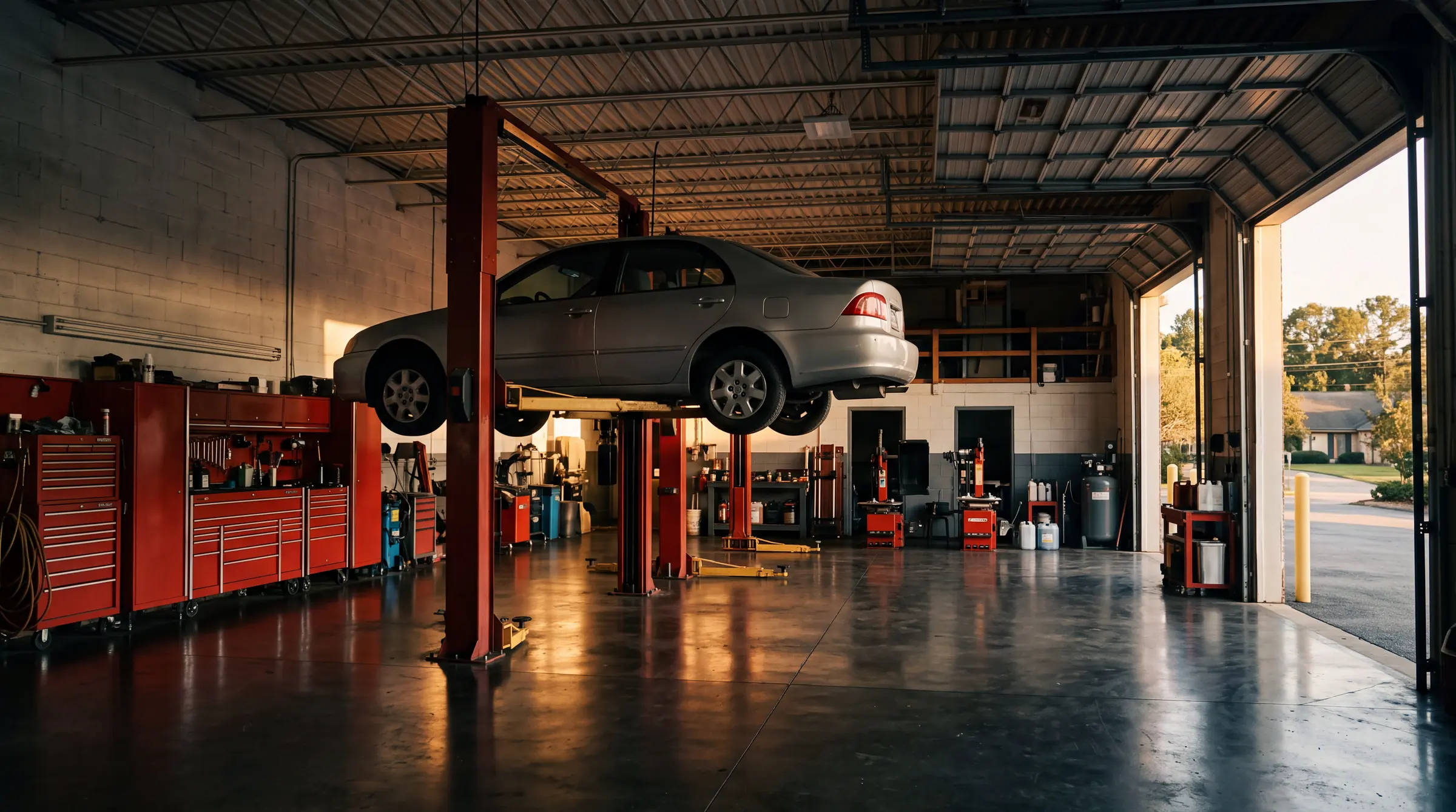 A silver sedan raised on a red two-post lift inside a repair shop, with red tool chests along the wall and the bay door open to late afternoon sun.