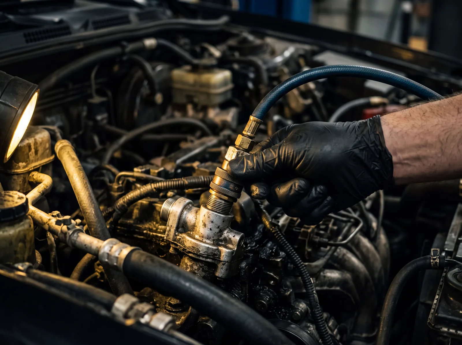 A gloved hand connecting a service hose with a brass coupler to a fitting in a car engine bay, lit by a work light.