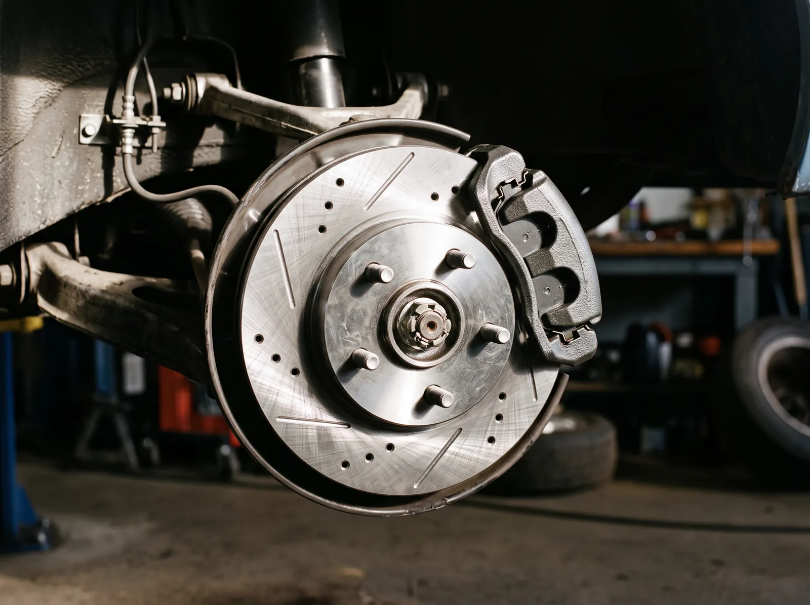 A new drilled and slotted brake rotor and caliper on a car with the wheel removed.