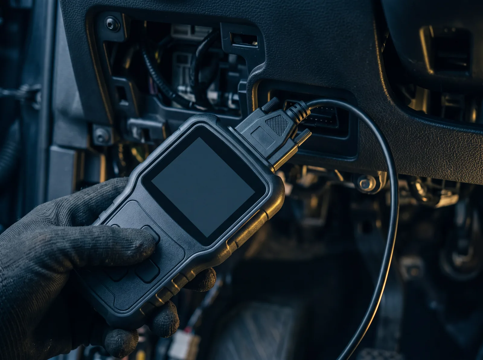 A gloved hand holding a handheld diagnostic scanner plugged into the port under a car dashboard.