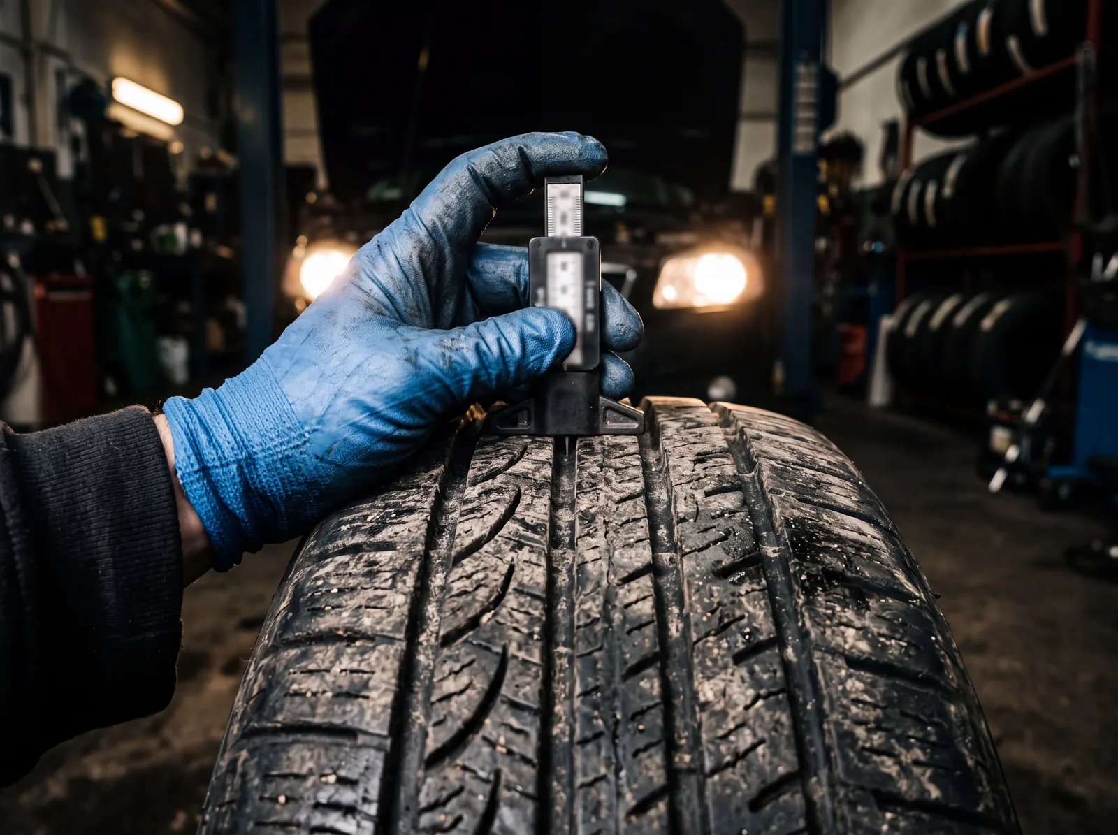 A gloved hand pressing a tread depth gauge into the grooves of a tire, with a car on a lift and tire racks behind.