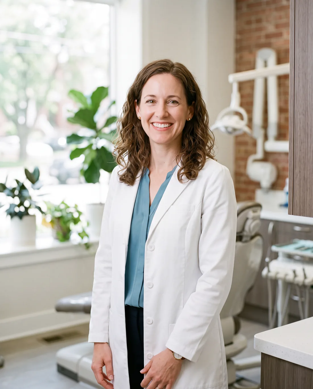 A smiling dentist with shoulder-length curly brown hair, in a white coat over a teal blouse, standing in a bright treatment room with plants by the window.