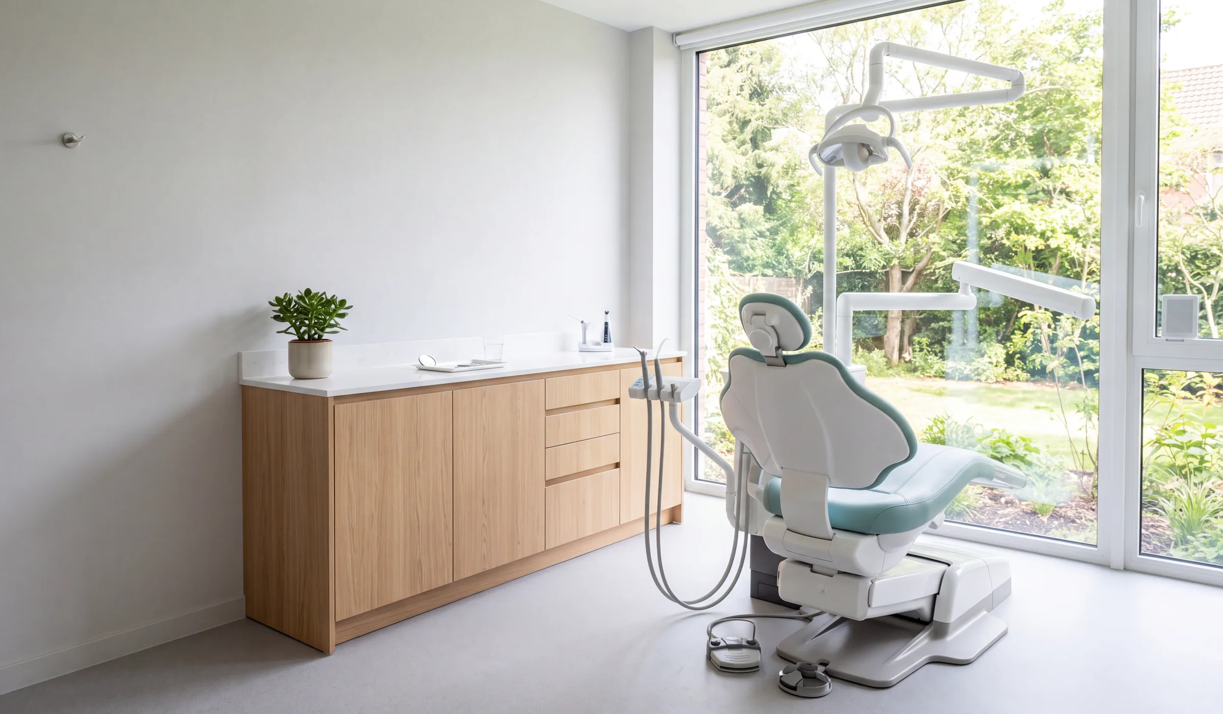 A bright treatment room with a pale teal dental chair beside a floor-to-ceiling window onto a green garden, and a light oak cabinet with a small potted plant.
