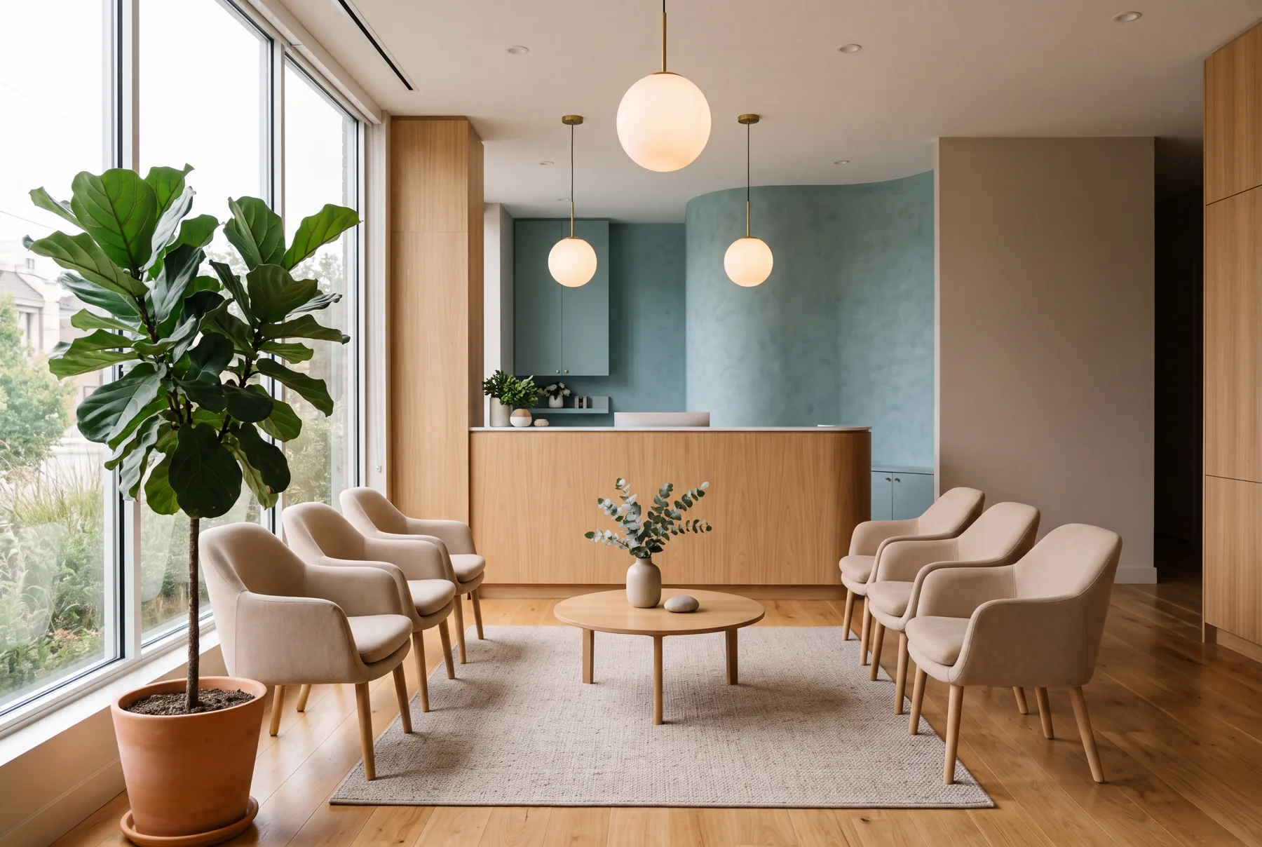 A calm waiting room with beige upholstered chairs around a round oak table, globe pendant lights, a curved teal wall behind the reception desk, and a fiddle leaf fig by the window.