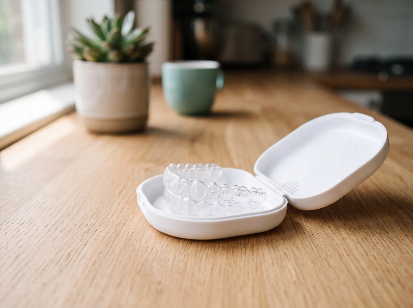 A pair of clear aligner trays in an open white case on a wooden kitchen counter, with a potted succulent and a mug behind.