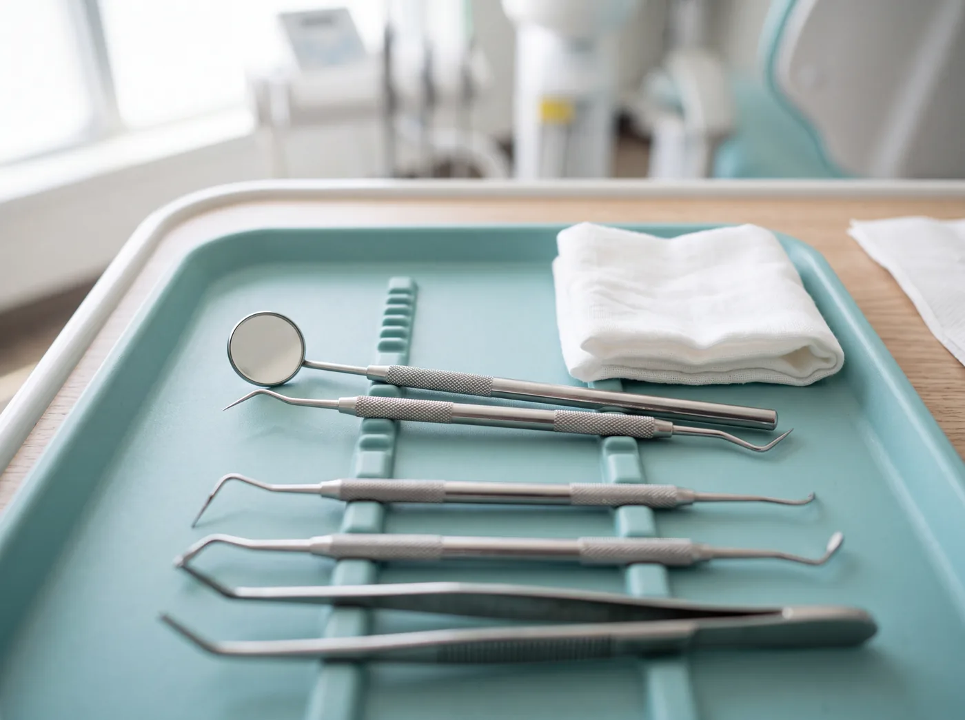 A dental mirror, probes, and tweezers laid out on a teal instrument tray beside a folded white gauze cloth.