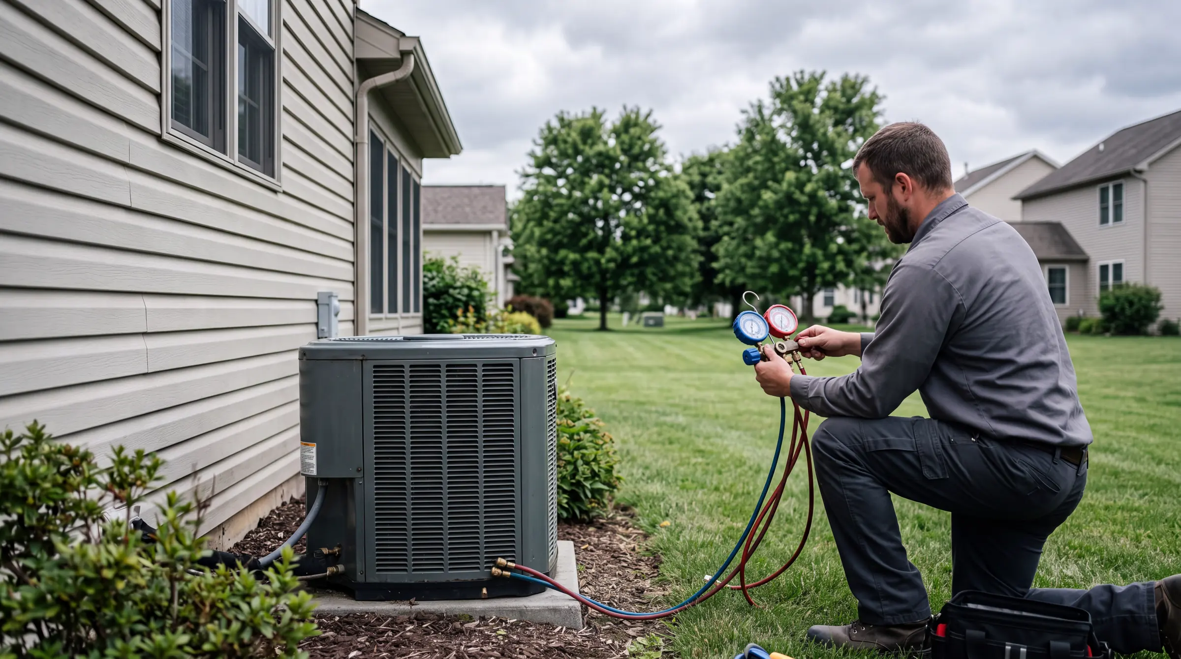 A technician kneeling on the lawn beside a house, reading a set of refrigerant gauges connected to the outdoor air conditioning unit.