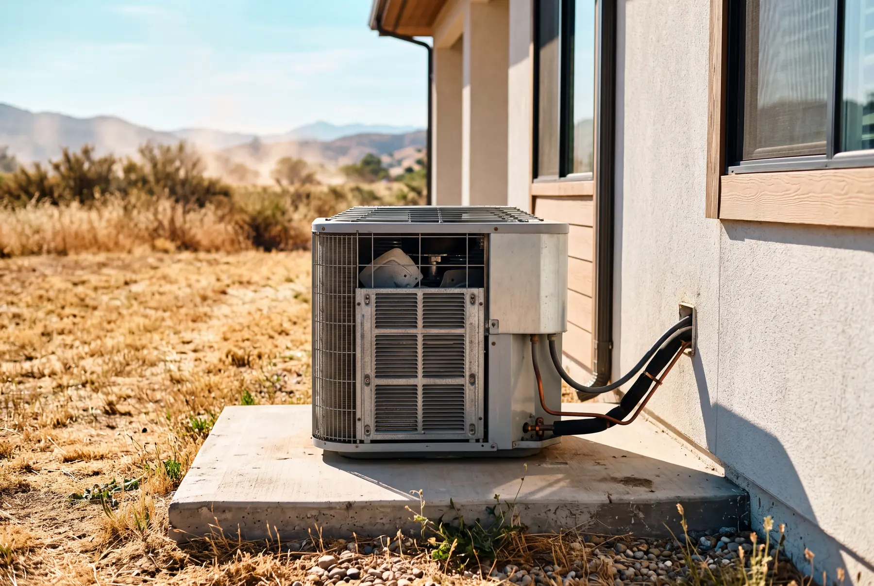 An outdoor air conditioning condenser on a concrete pad beside a stucco house, with dry summer grass and hazy hills behind it.