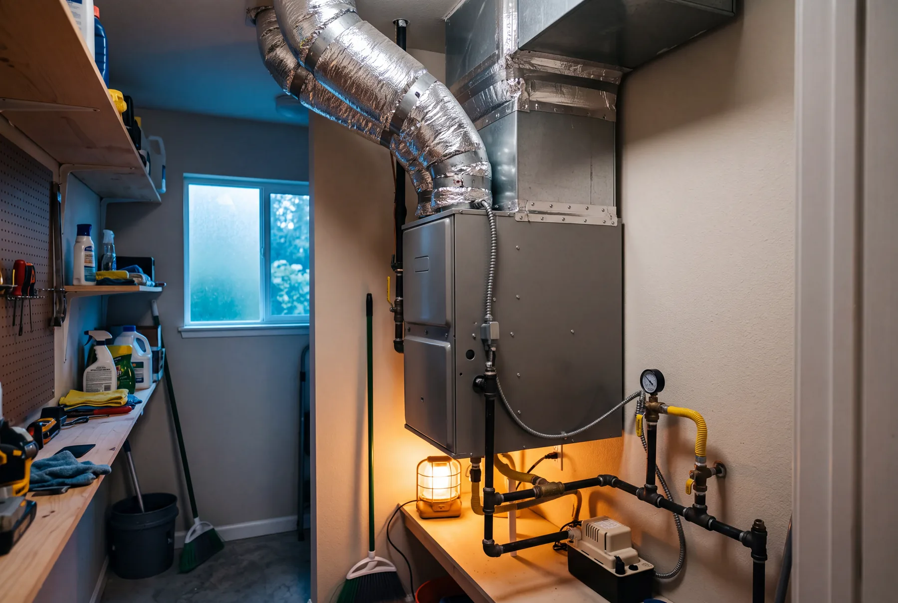 A gas furnace in a utility closet, with foil-wrapped supply duct above it and a work light glowing on the shelf below.