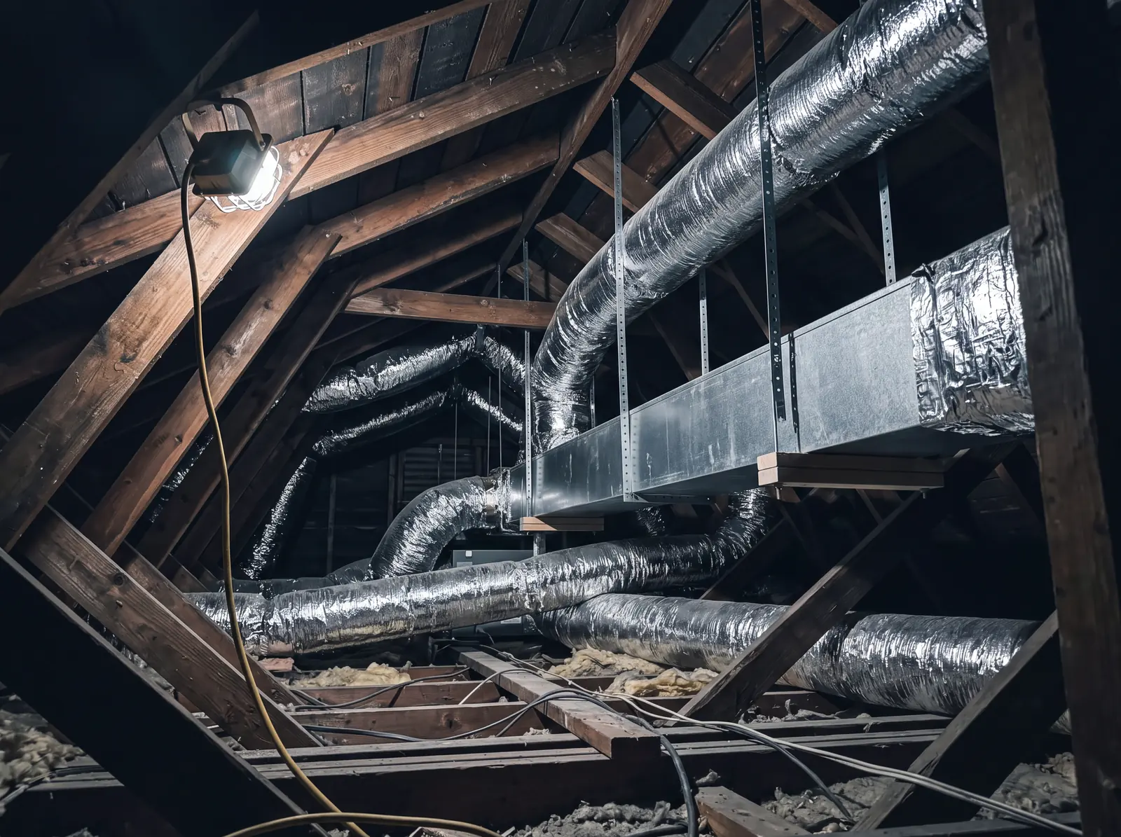 Foil-wrapped flex duct and a sheet metal trunk line hung from the rafters of a dim attic, lit by a single work light.