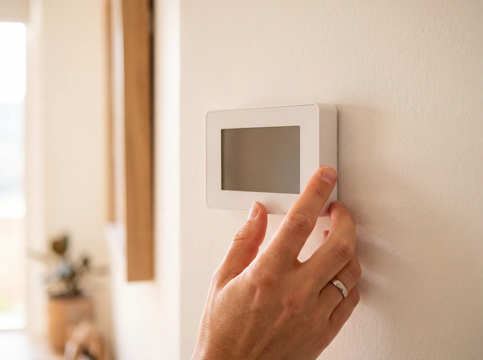 A hand adjusting a white touchscreen thermostat mounted on a cream-colored wall.