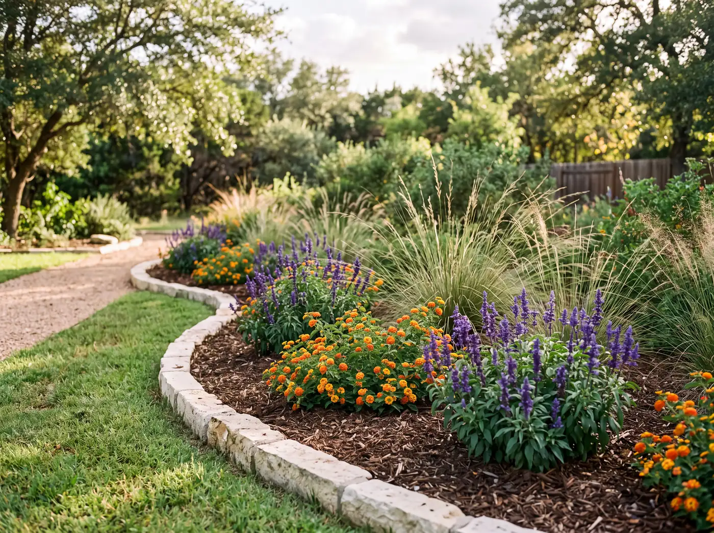 A curving mulched bed of orange lantana, purple salvia, and ornamental grasses, edged with cut limestone blocks beside a lawn.