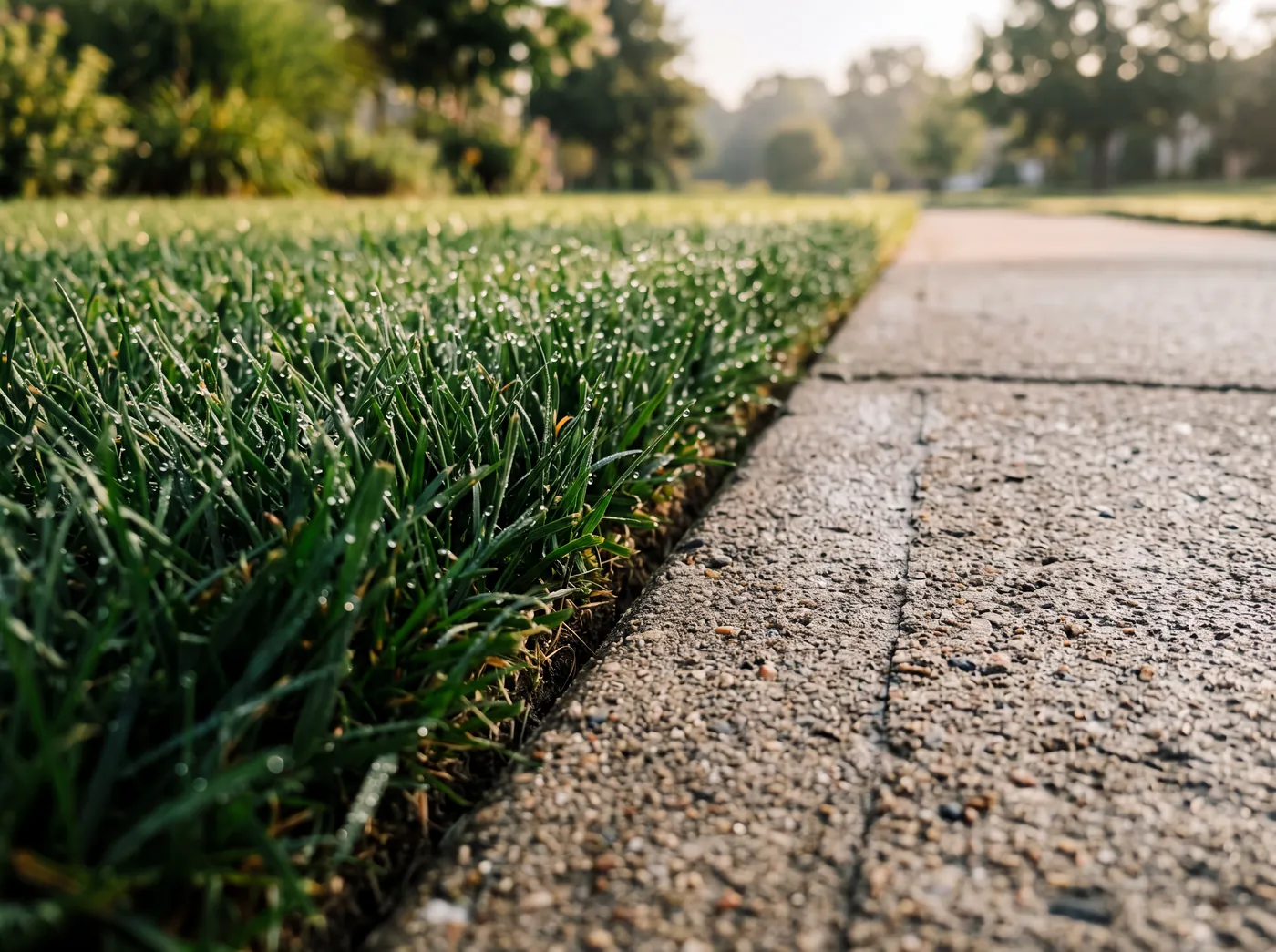 A low close-up of dewy grass trimmed in a clean straight line along a concrete sidewalk.