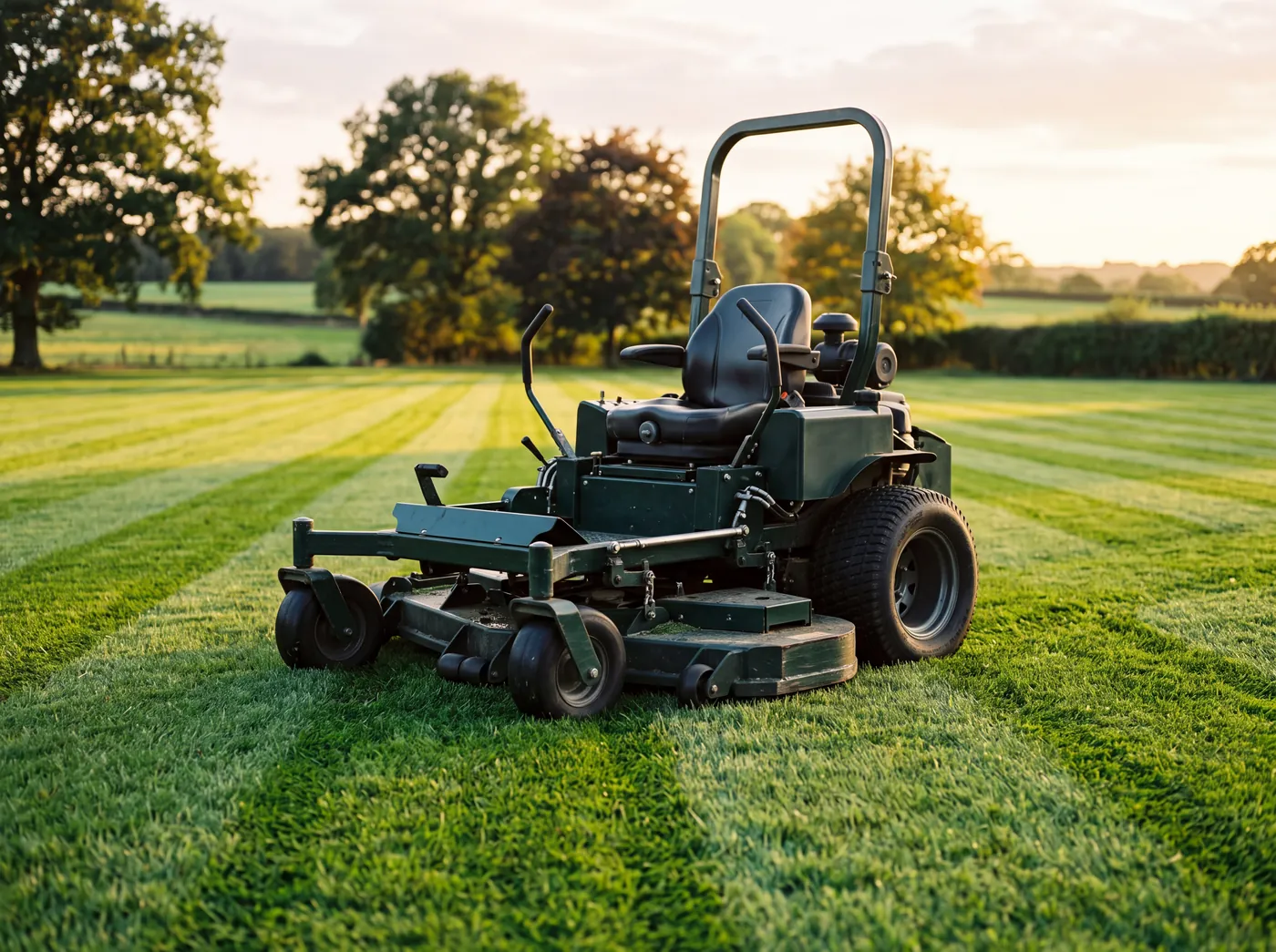 A dark green zero-turn mower parked on a freshly striped lawn at sunset, with trees in the background.