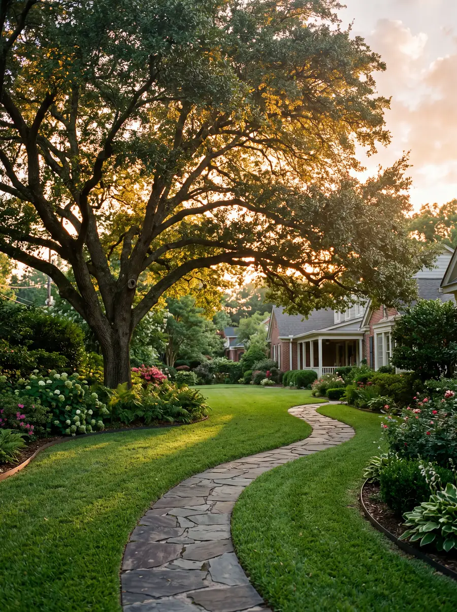 A large live oak arching over a green lawn at sunset, with a curving flagstone path leading between flower beds to a brick house.