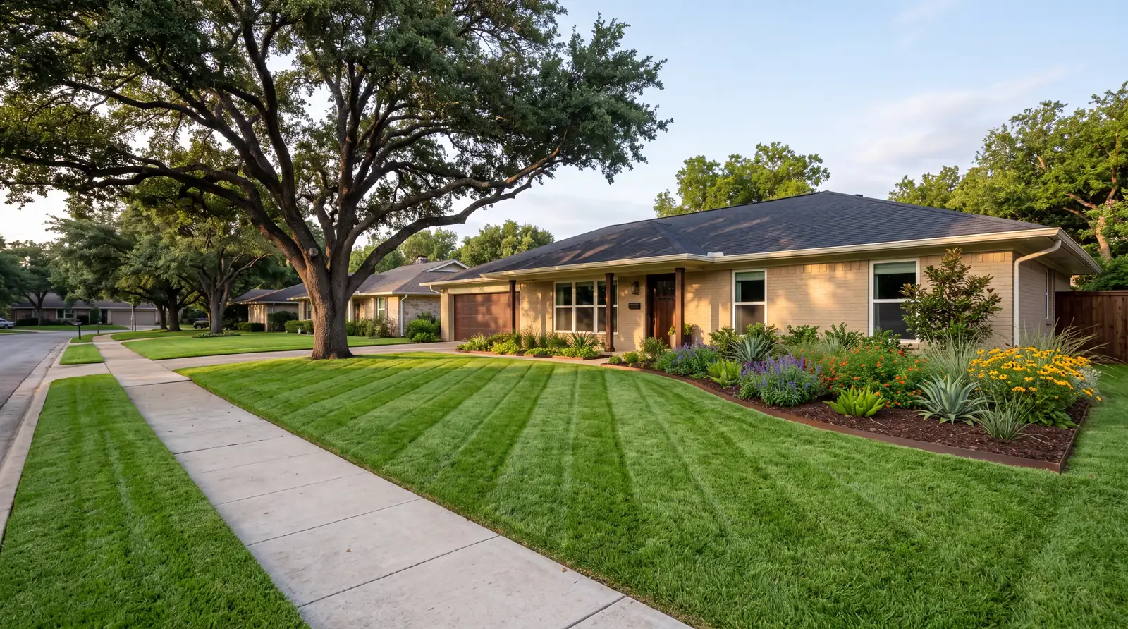 The same front lawn freshly mowed in even stripes, with a clean edge along the sidewalk and a neat mulched flower bed in front of the tan brick house.