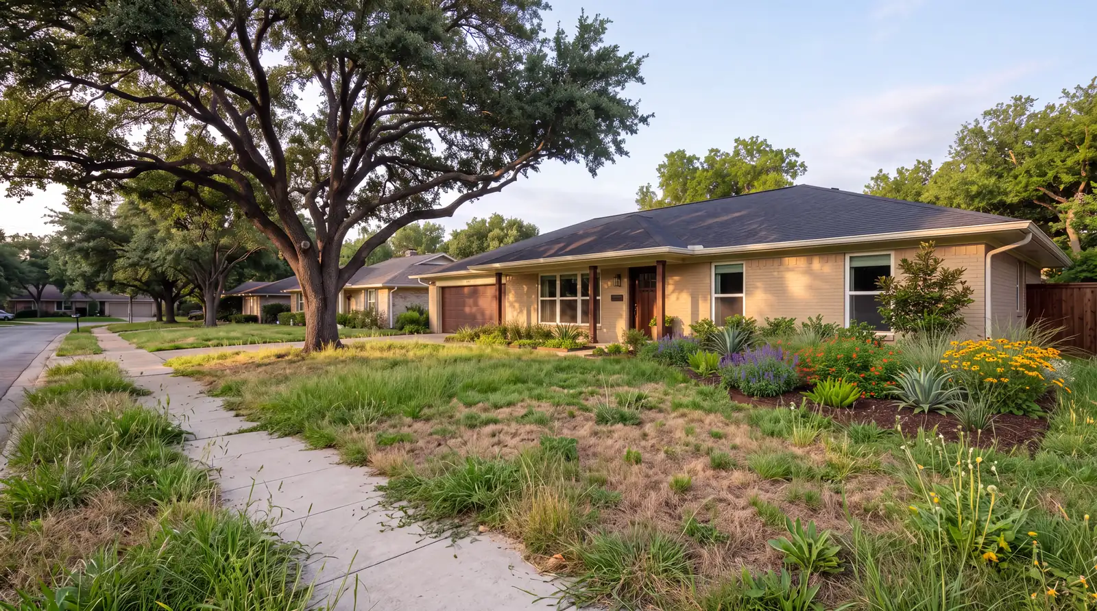 An overgrown, patchy front lawn with tall weeds and bare brown spots spilling over the sidewalk in front of a tan brick house.