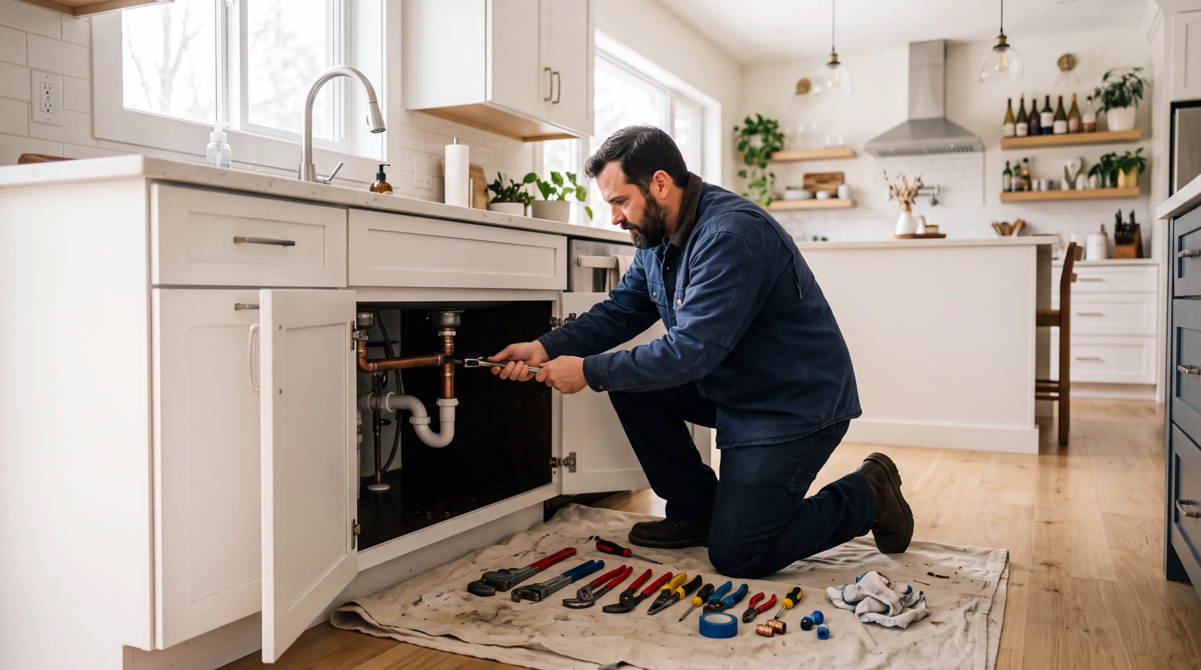 A plumber kneeling on a tool mat in a bright kitchen, loosening a fitting on the pipes under an open sink cabinet.