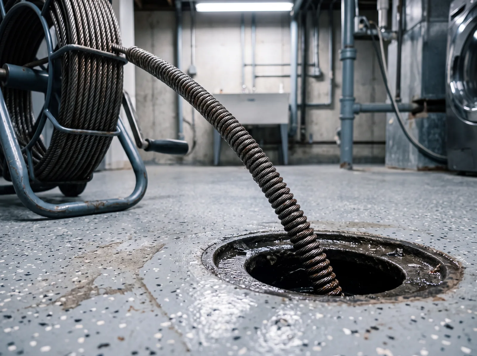 A drain cleaning cable fed from a reel into an open floor drain in a concrete basement.