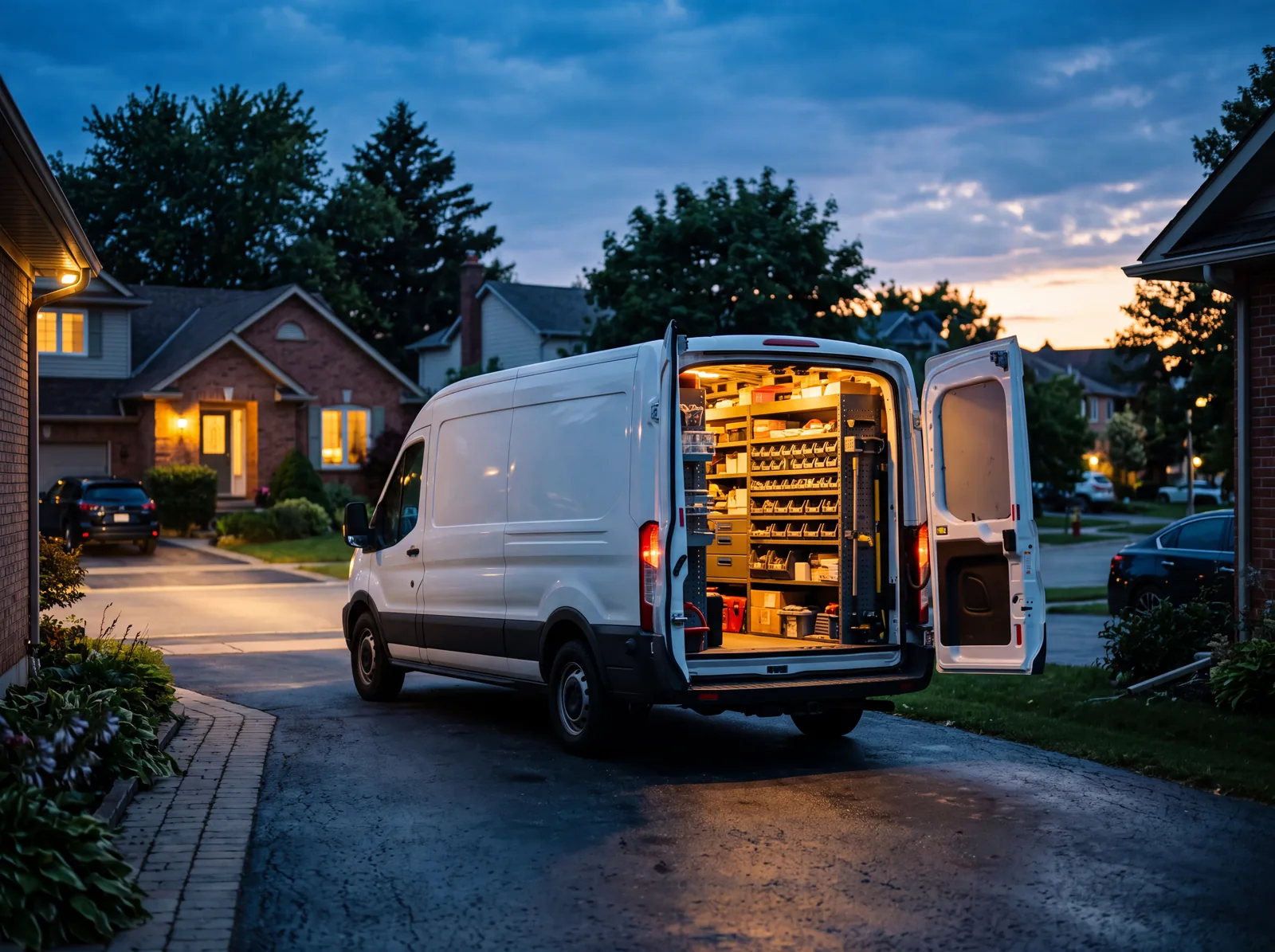 A white service van with its rear doors open, shelves of parts lit inside, parked in a residential driveway at dusk.