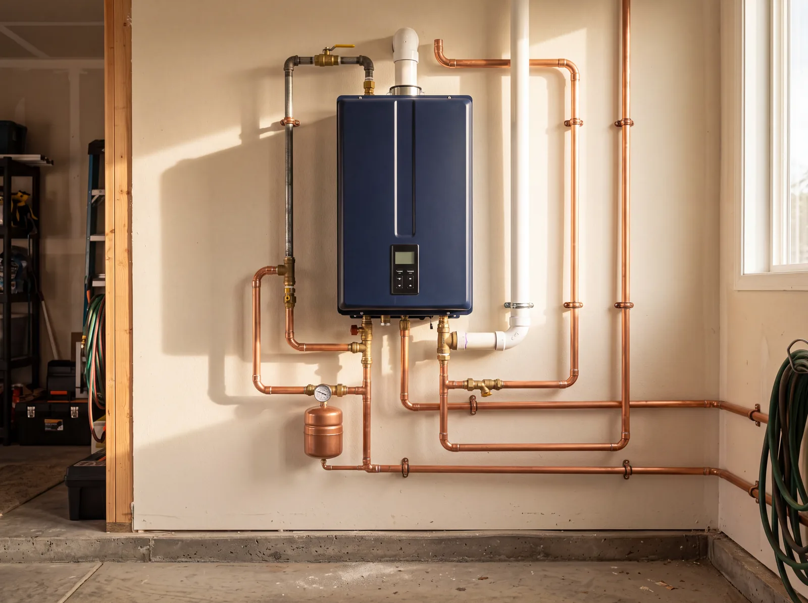 A navy tankless water heater mounted on a garage wall, plumbed with new copper and white PVC pipe.