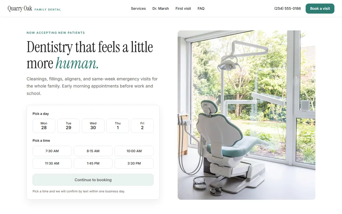 Quarry Oak Family Dental demo: the headline Dentistry that feels a little more human and a booking picker, beside a bright treatment room.