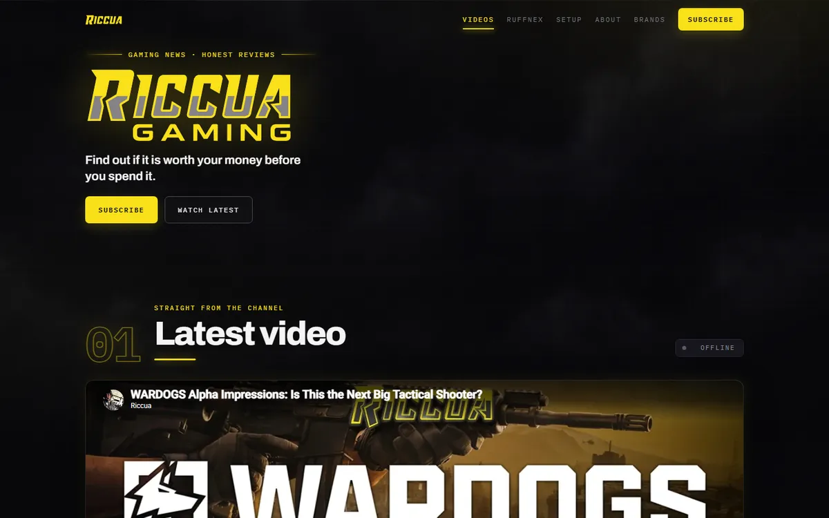 Riccua Gaming home page: the yellow Riccua Gaming logo on a dark background with Subscribe and Watch latest buttons, above the latest video.