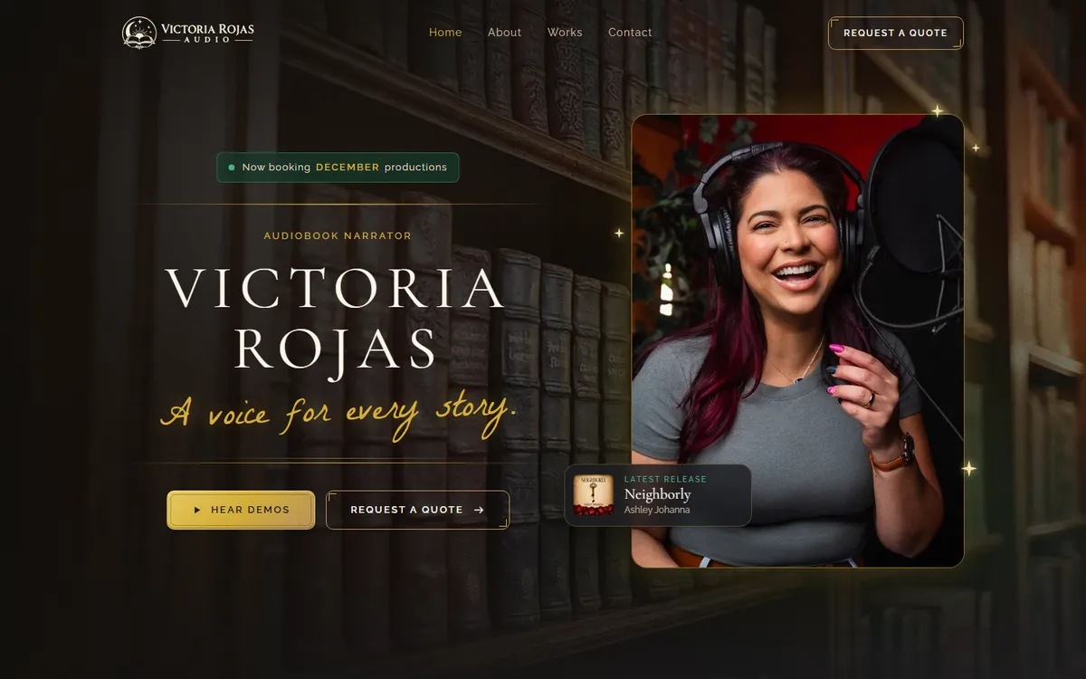 Victoria Rojas Audio home page: the narrator smiling in a recording booth behind gold waveform bars, with Hear demos and Request a quote buttons.